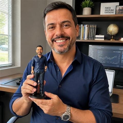 Cliente segurando sua miniatura 3D em traje social, no escritório