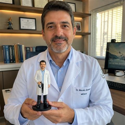 Cliente médico segurando sua miniatura 3D de jaleco e estetoscópio